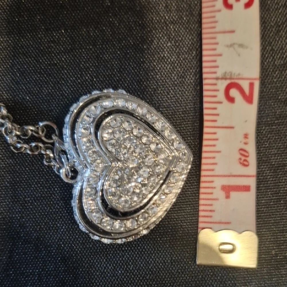 Rhinestone Puffed Heart Pendant Necklace - Silver Tone